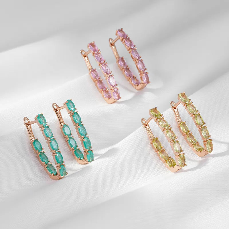 Earrings For Women Oval Multicolor Stone Long Drop 585 Rose Gold Color Full Zircon Geometric Setting Luxury Fashion Gifts Jewelry