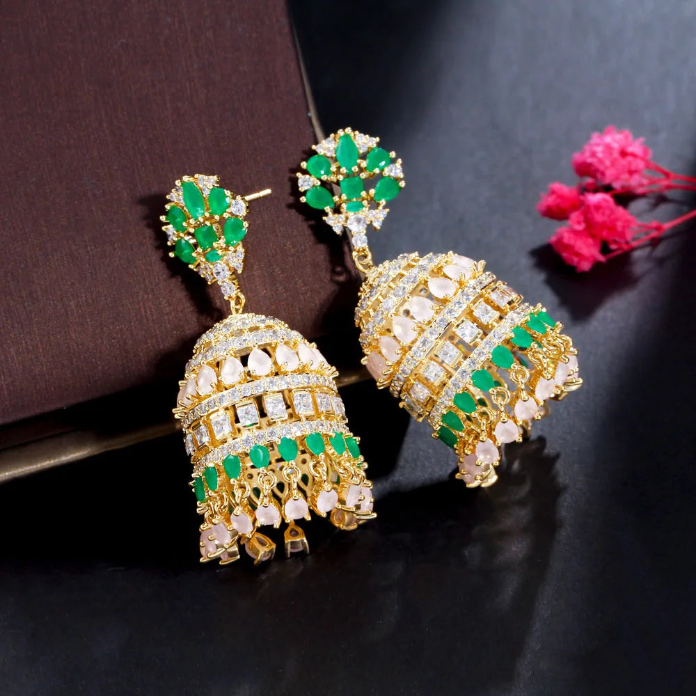 Earring for Women New Indian Jhumkas Trendy Round Shape Gold Plated Multicolor CZ Bell Long  Luxury Dubai Bridal Jewelry