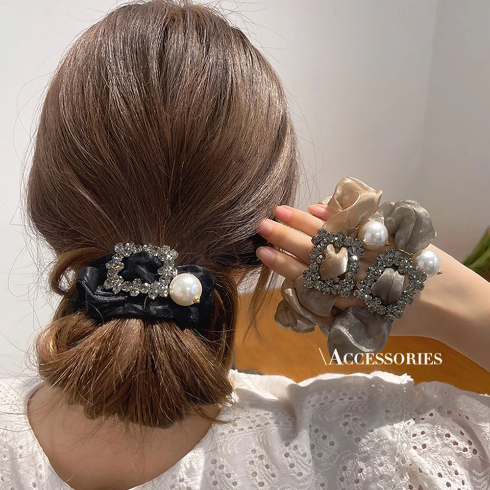 Hair Ties For Women Girls Elegant Organza Large Elastic Glitter Rhinestone Pearl  Ponytail Holder