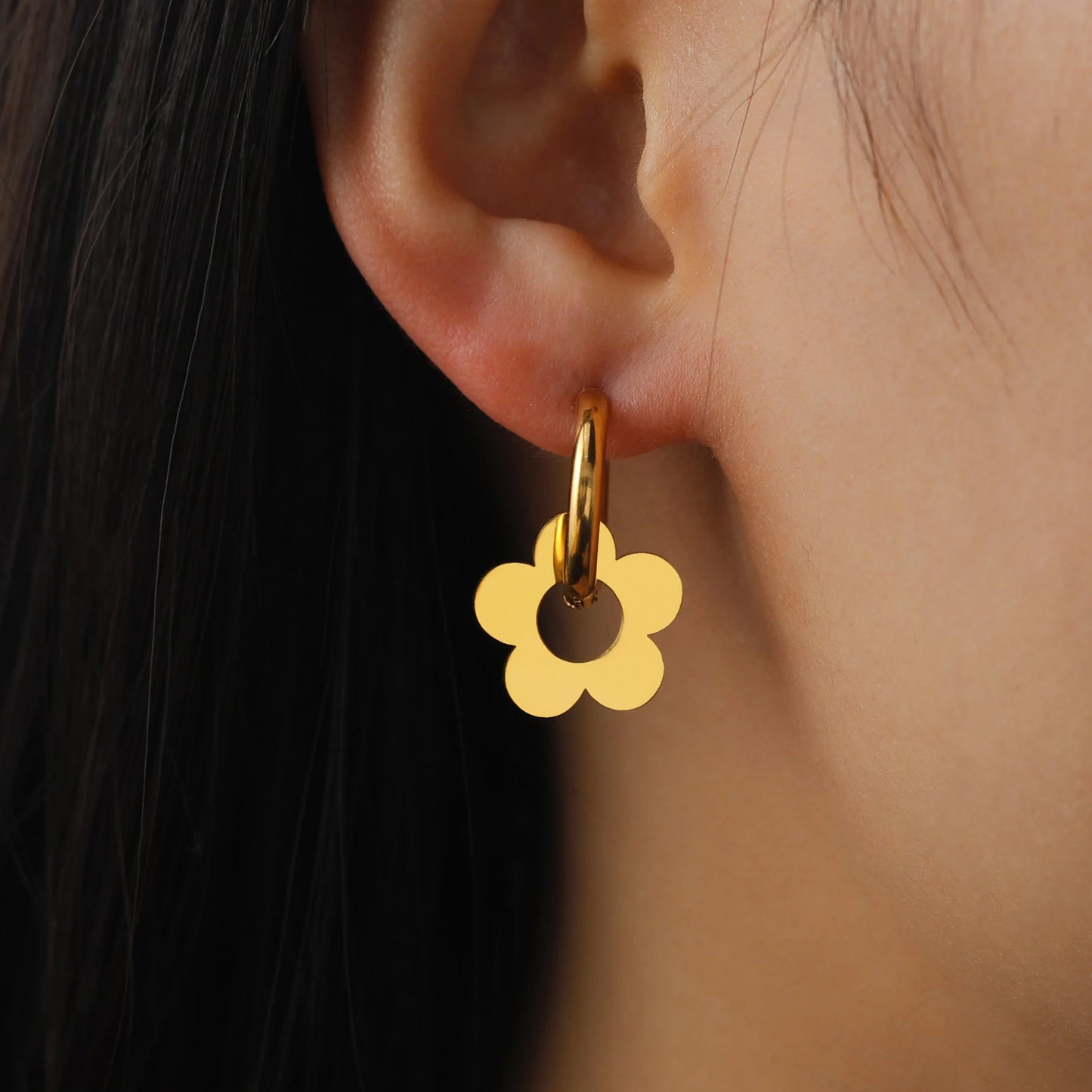 Earrings For Women Stainless Steel Five Petal Flower Pendant Gold Color Hoop Earrings Minimalist Fashion Jewelry