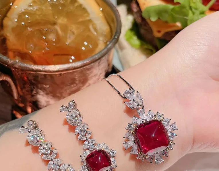 Jewelry Sets Luxury Silver Color Crystal Women High Quality Lab Ruby Gemstone Party Retro Classic Wedding Bridal Jewelry