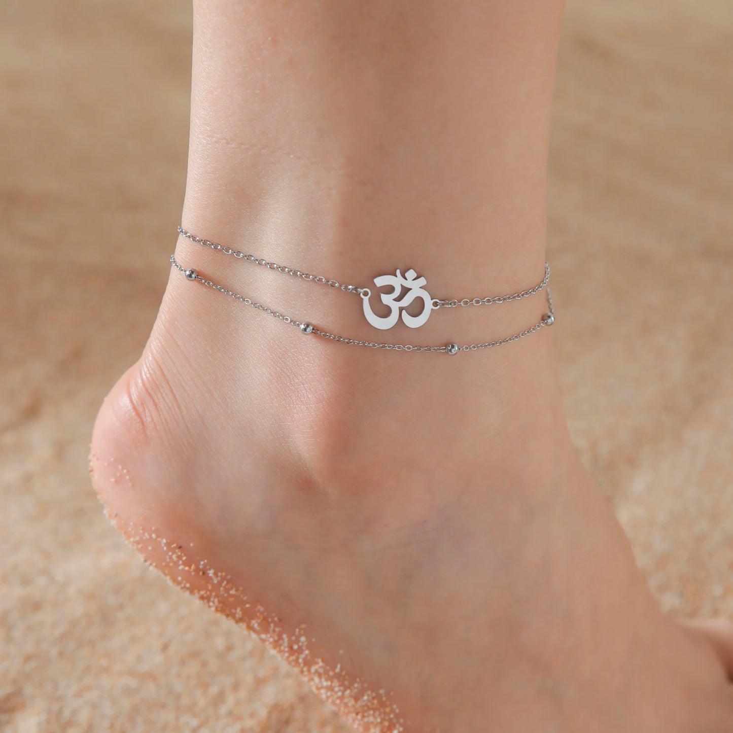 Anklets Women Stainless Steel Amulet Buddhism Yoga OM Double Layer Beads Chain