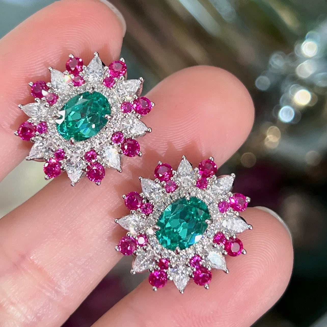 Earring Studs for Women 925 Silver Vintage Lab Emerald Moissanite Dazzling Design