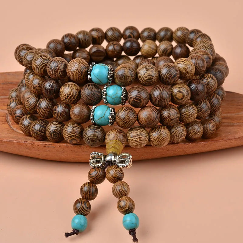 Bracelets for Men Women 108 Wood Beaded Sandalwood Buddhist Meditation Prayer Blue Turquoise Multi-layered 6MM Bracelets