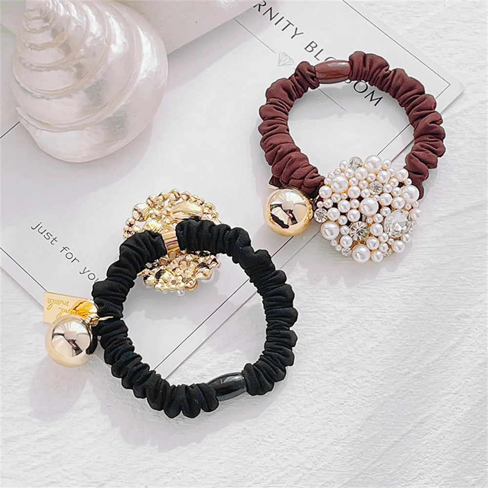 Hair Band for Women Fashion Pearl Crystal Luxury Rhinestone Bowknot Elastic High Ponytail Headband Accessories