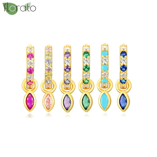 Earrings for Women Trendy 925 Sterling Silver Needle Geometric Pendant Hoops Colorful Zircon Luxury 18K Gold Plating  Jewelry