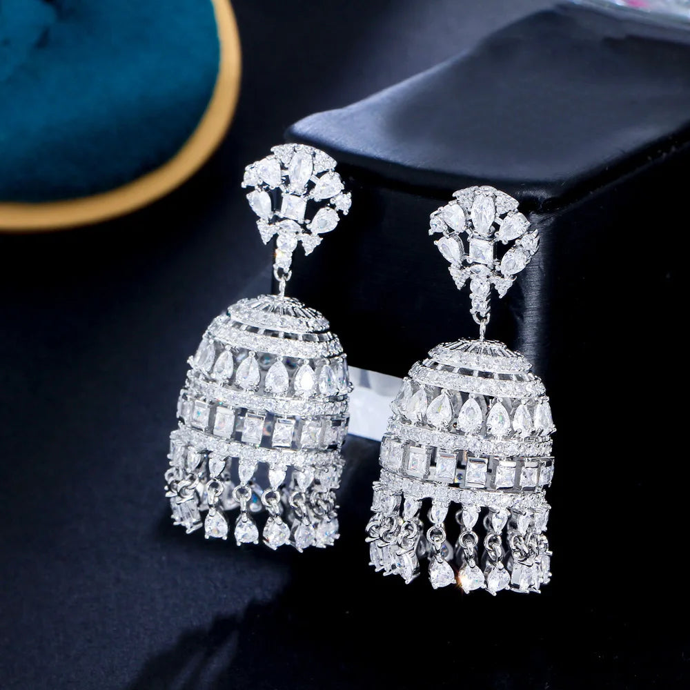 Earring for Women Exquisite Dangling Drop Cubic Zirconia Chunky Luxury Long Chandelier Indian Jhumka Bridal Wedding