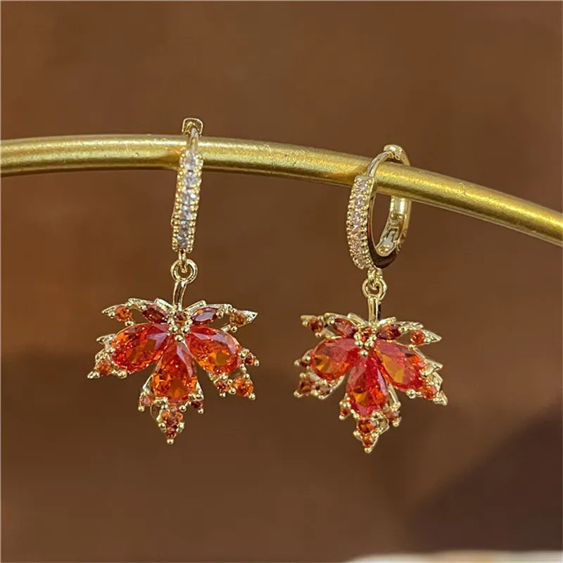 Earrings for Women Crystal Temperament Rhinestone Zircon French Vintage Red Maple Leaf  Tassel Earrings Party Jewelry Gift