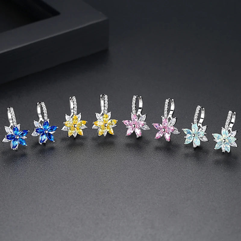 Earrings For Women Girls Luxury Cubic Zircon Rainbow CZ Stones Flower Hoop Earrings New Trend Gift Party Jewelry