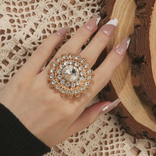 Rings for Women Adjustable New Temperament Big Crystal Flower Fashion Jewelry