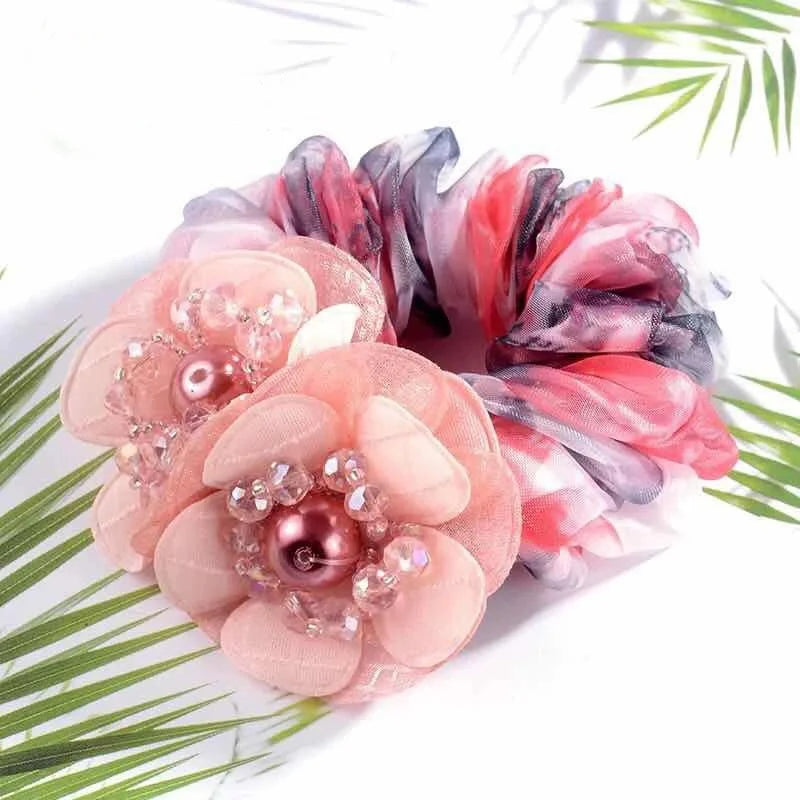 Hair Scrunchies Ties For Women Girls With Faux Pearl Crystal Flower Fashion Elastic Large Lace Headband