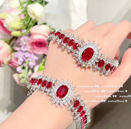 Bracelet Necklace Set Luxury Vintage Style Exquisite 925 Sterling Silver Simulation Ruby Zircon Party Jewelry