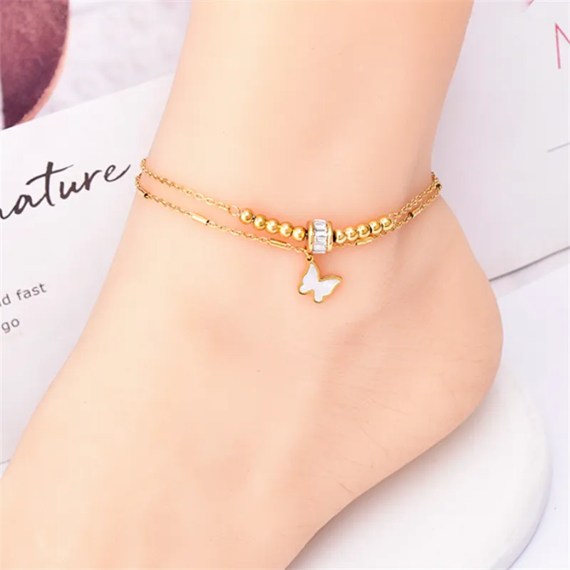 Anklet For Women 316L Stainless Steel New Fashion 2 Layer Beading Zircon Butterfly Love Heart Shape Charm Chain