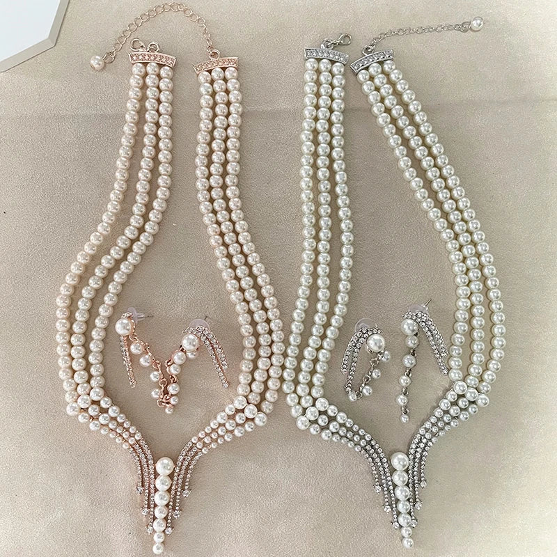 Necklaces for Women Luxury Fashion Crystal Micro Pave Setting 3 Layer Pearl Chains Wedding Party Jewelry