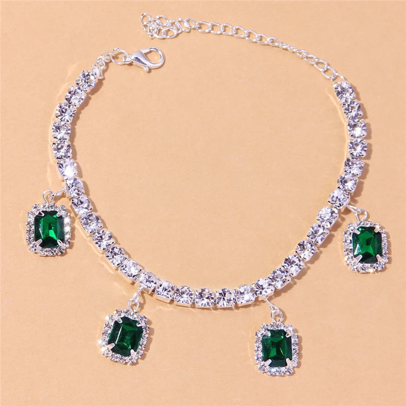 Anklet for Women Exquisite Cubic Zirconia Green Chain Silver Color