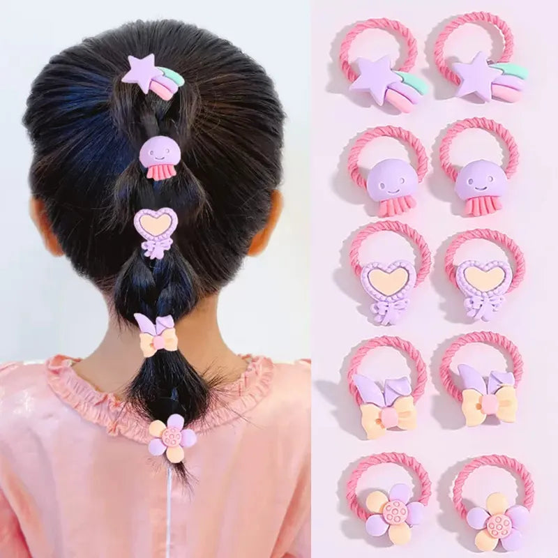 Hair Bands For Girls 10PCS/Set Cute Cartoon Flower Animal Small Elastic Ponytail Holder Casual Headwear