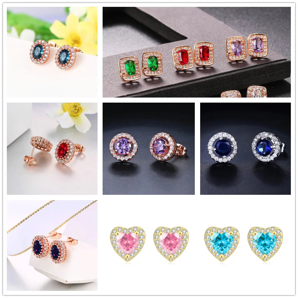 Earrings for Women Colorful Crystal Studs Luxury Imitation Gemstone Heart Geometric Zirconia Jewelry