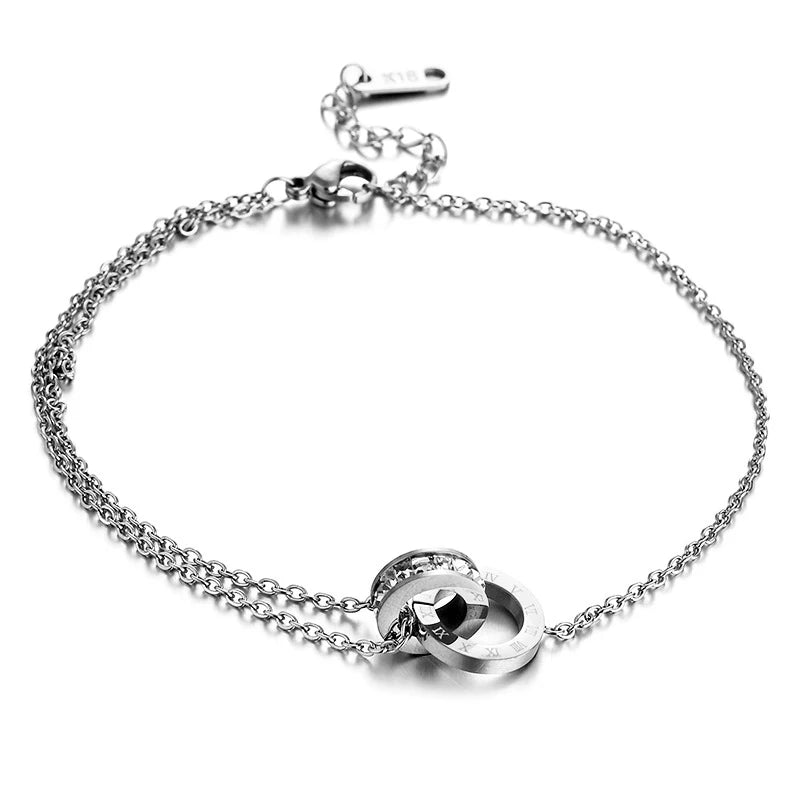 Anklet for Women Stainless Steel Roman Numerals  Double Circle Crystal Zircon