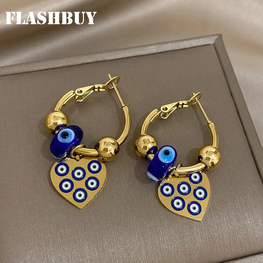 Earrings For Women Fashion 316L Stainless Steel Turkish Devil Eye Heart Pendant Ear Buckle Waterproof Jewelry