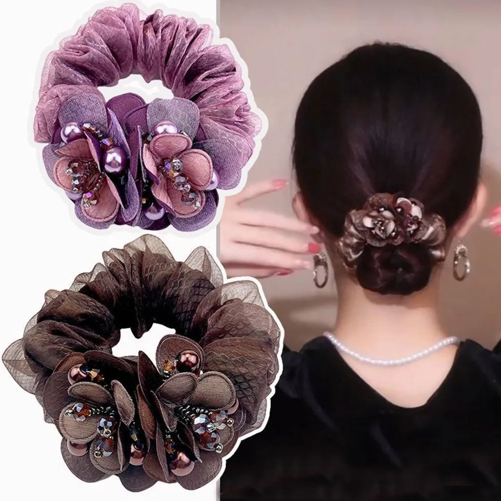 Hairband Bun Scrunchies Hair Accessories 1PC Faux Pearl Flower Hair Rope For Women High Elastic Crystal Gradient Yarn Headwear