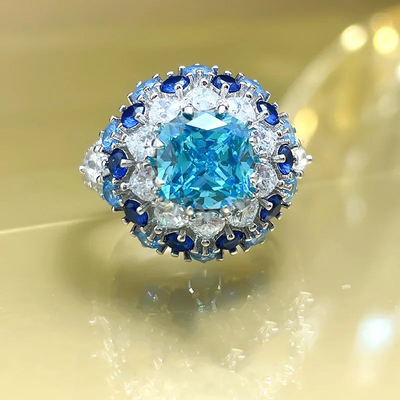 Rings Women Resizable Silver Color Lab Sapphire Exquisite Sea Blue Zircon