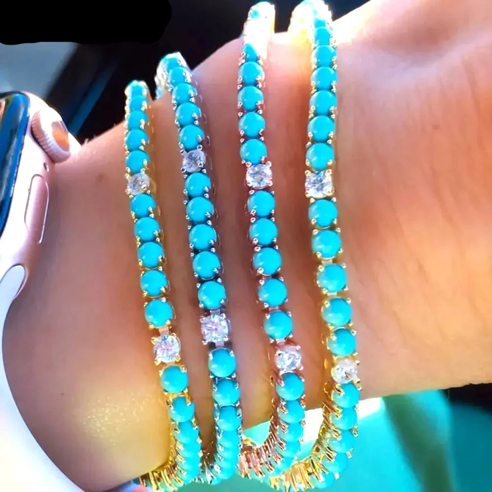 Bracelet Women 2023 New Clear CZ Paved Beaded Gold Plated 3mm Turquoises Tennis Chain Bracelet Handmade Jewelry