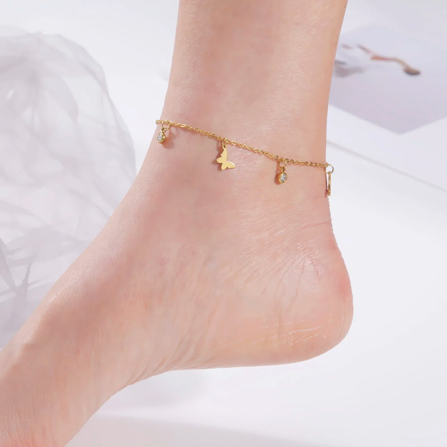 Anklet Bohemia Heart Crystal Gold Color Stainless Steel Foot Chain Ankle Bracelet Jewelry