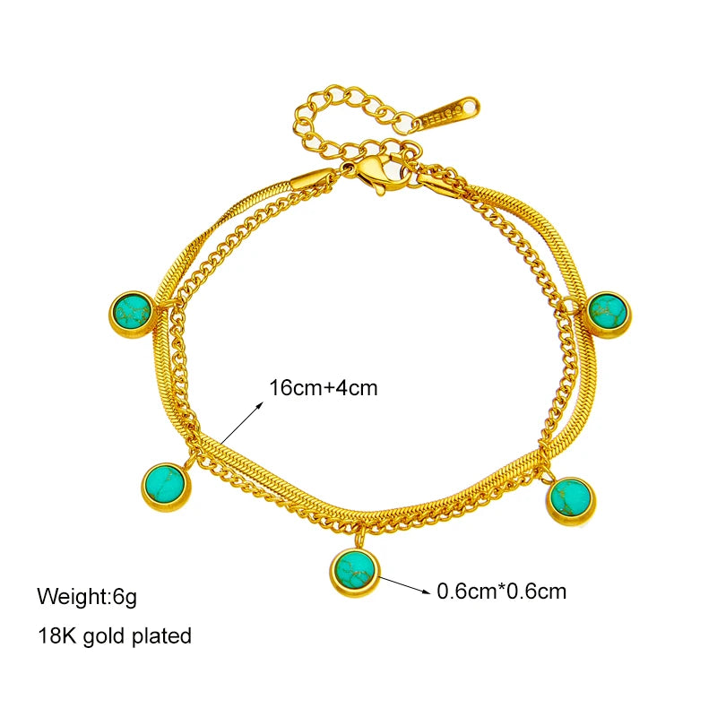 Bracelets 316 Stainless Steel Green Stone 2-Layer Charm Wrist Jewelry For Women Fashion Rustproof Gold Color