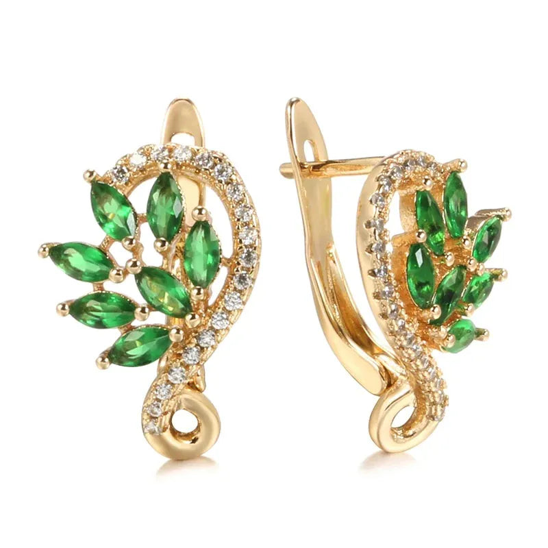 Earrings New Trendy Design Green Leaf Hoops with Dazzling Cubic Zirconia Modern Fashion Jewelry