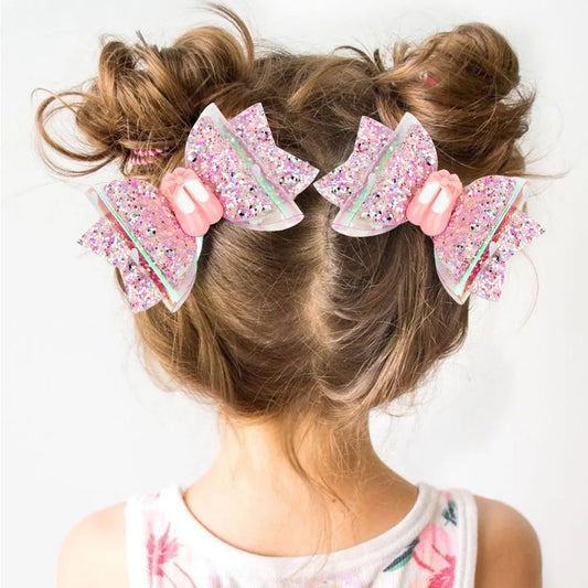 Hair Clips handmade Glitter Bows 2Pcs/lot 3'' Pink Peach