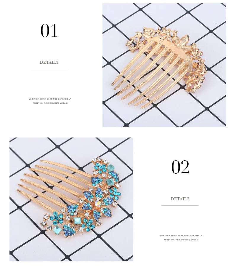 Hair Combs For Women Exquisite Seven-tooth Comb Rhinestone Hollow Out Flower Colorful Hair Ornament