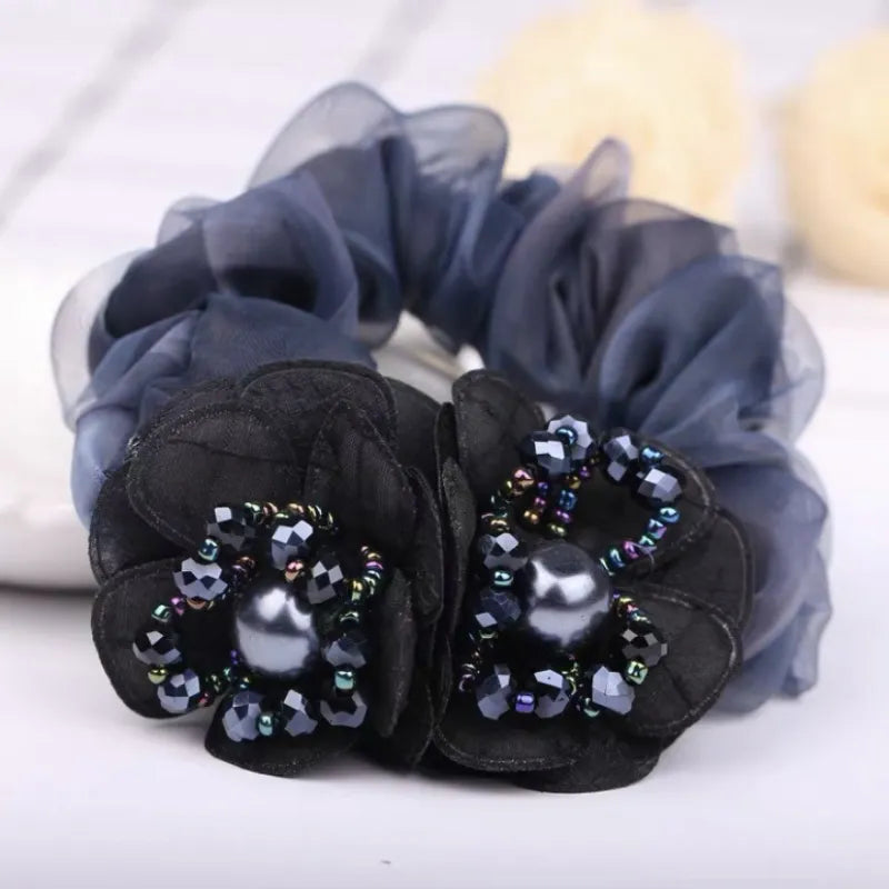 Hair Scrunchies Ties For Women Girls With Faux Pearl Crystal Flower Fashion Elastic Large Lace Headband