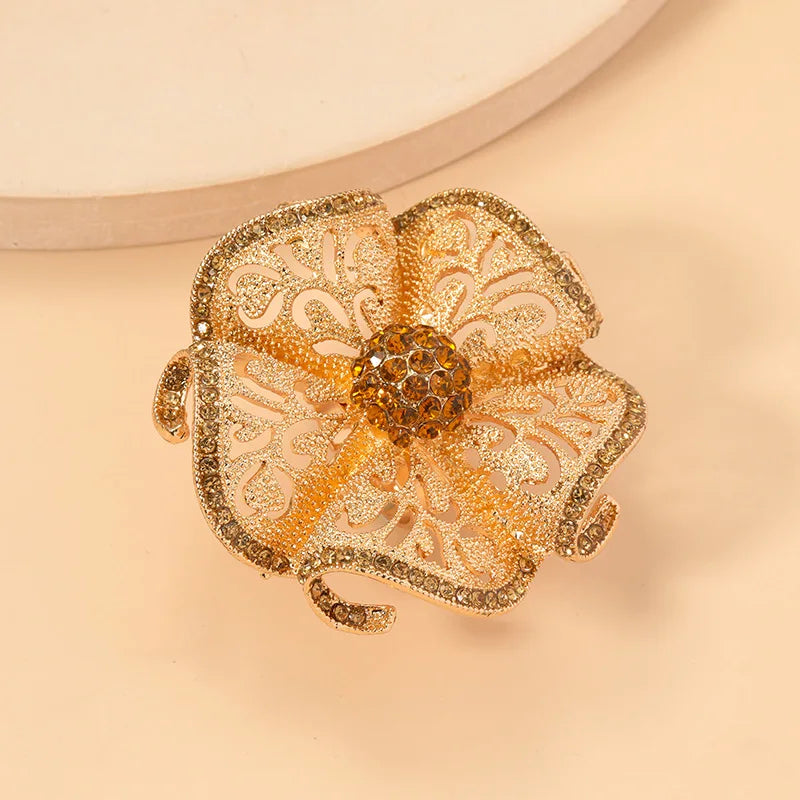 Rings For Women Luxury Big Flower Zircon Hollow Gold Color Adjustable Ring Indian Classic Jewelry