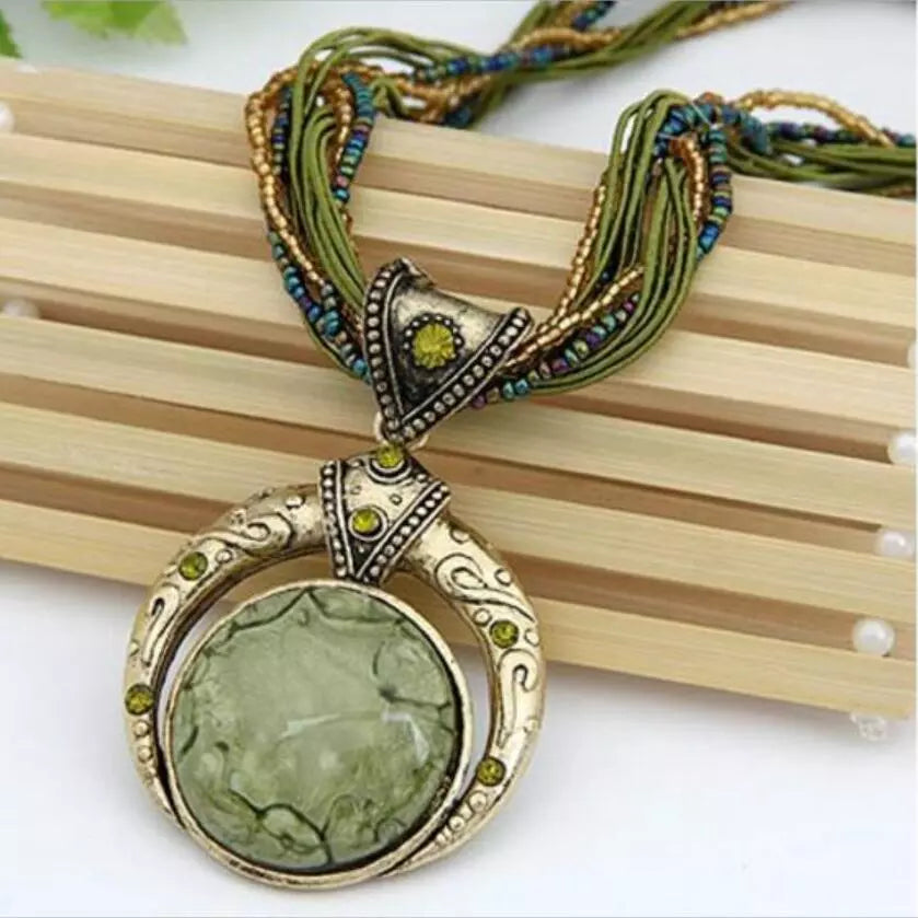 Necklace Vintage Ethnic Retro Bohemian Style Multilayer Beads Chain Stone Pendant Fashion Jewelry Gift