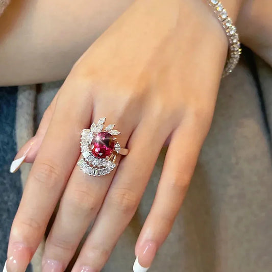 Rings Women Fashion New Resizable Wine Red Geometric Flowers AAA Zircon Jewelry Party Gifts Accessories