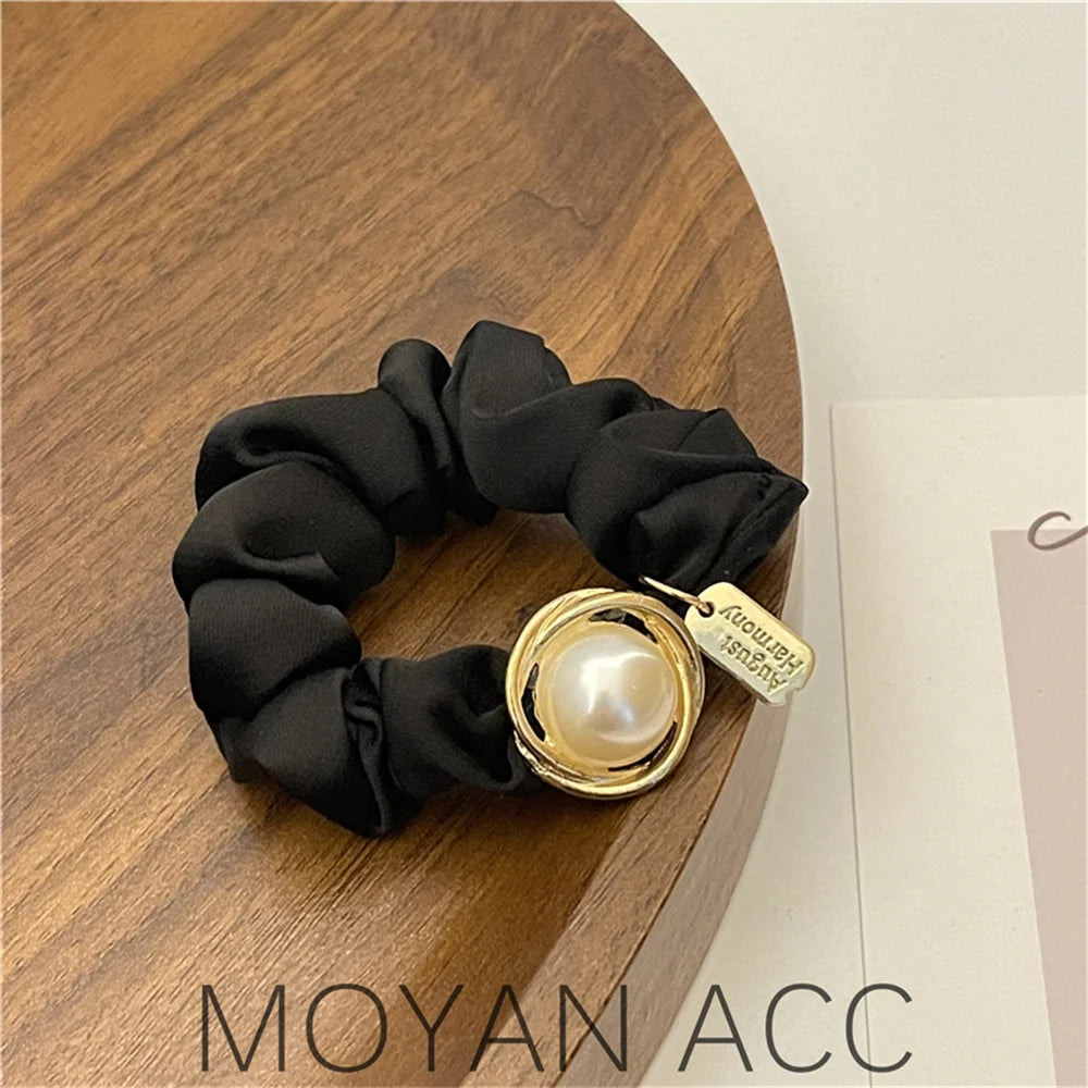 Hair Scrunchies Women Girl's Ponytail Scrunchies Rubber Band New Simple Big Pearl Black Hair Tie