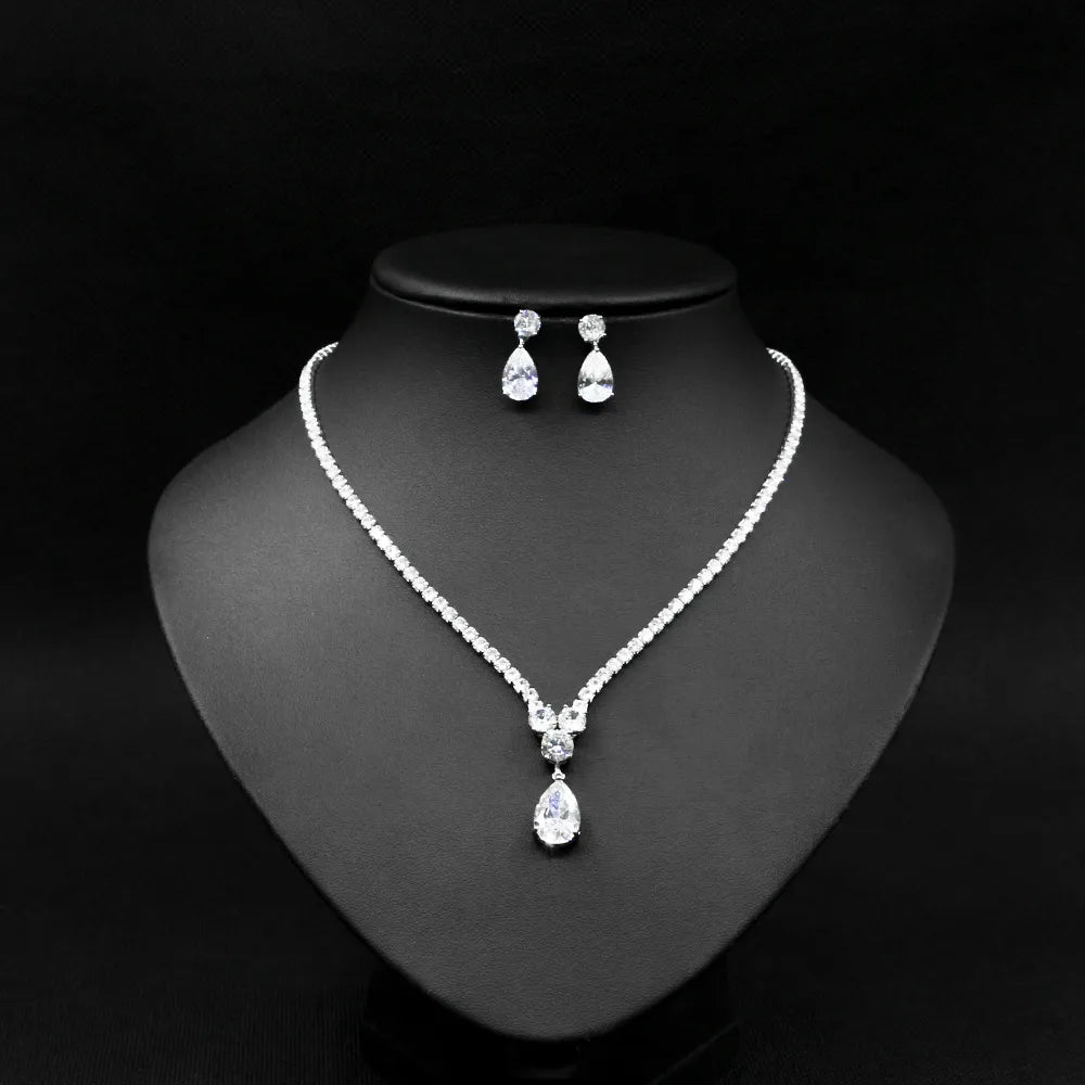 Jewelry Set Luxury Cubic Zirconia Water Drop Pendant Necklace Elegant Sets for Wedding Party Gift