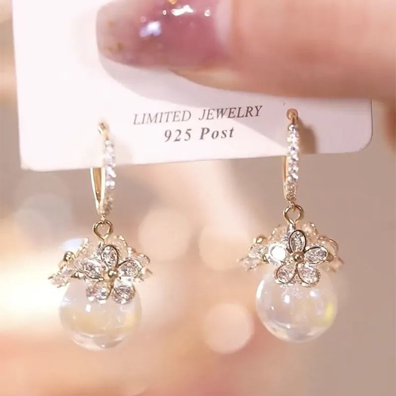 Earrings for Women Fashion Flower Zircon Hoop Temperament Pearl Dangle Earrings Gift Jewelry