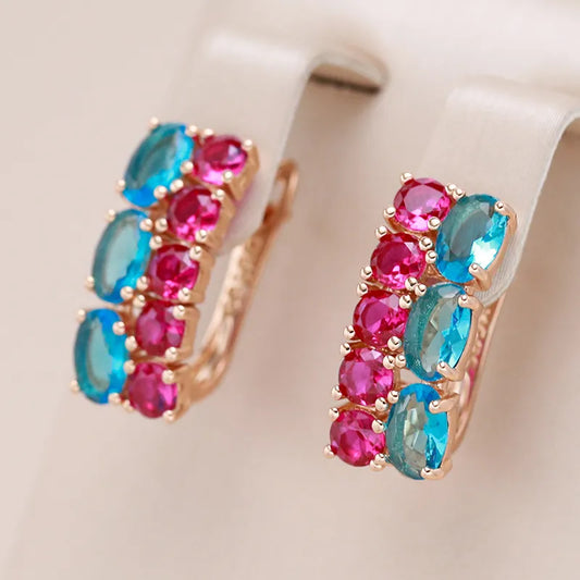 Earring Studs Women Mix Blue Red Natural Zircon Square Luxury Design 585 Rose Gold Color Best Gift Vintage Jewelry