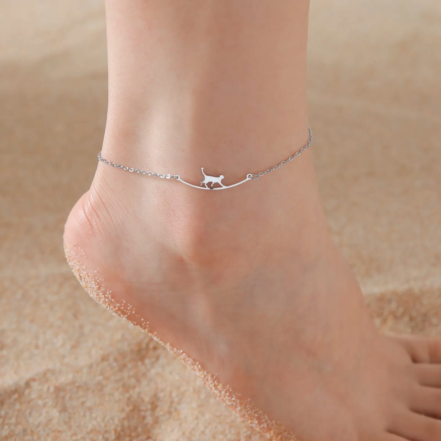 Anklets for Women Cute Walking Cat Stainless Steel Jewelry