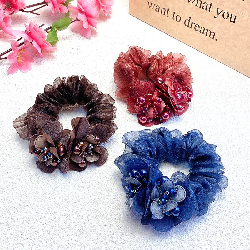 Hairband Bun Scrunchies Hair Accessories 1PC Faux Pearl Flower Hair Rope For Women High Elastic Crystal Gradient Yarn Headwear