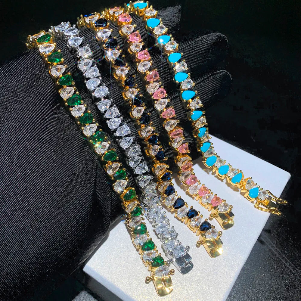 Bracelet for Women Geometric Water Drop Shaped Pink Green White Cubic Zirconia CZ Tennis Chain Colorful Luxury Party Gift Jewelry