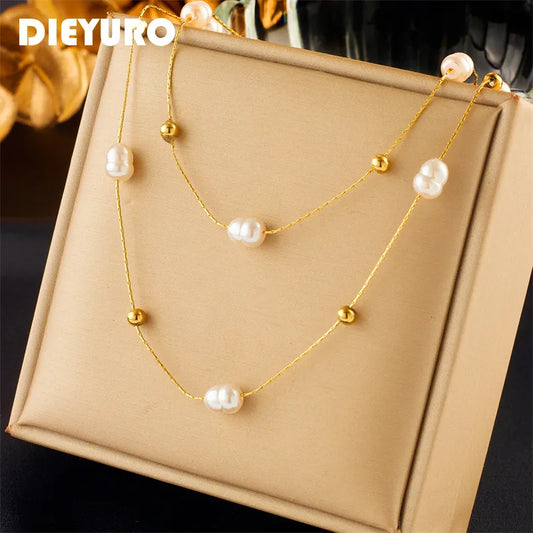 Necklace For Women 316L Stainless Steel Double Layer Pearl 2 in 1 Chains New Fashion Choker Waterproof Jewelry Gifts