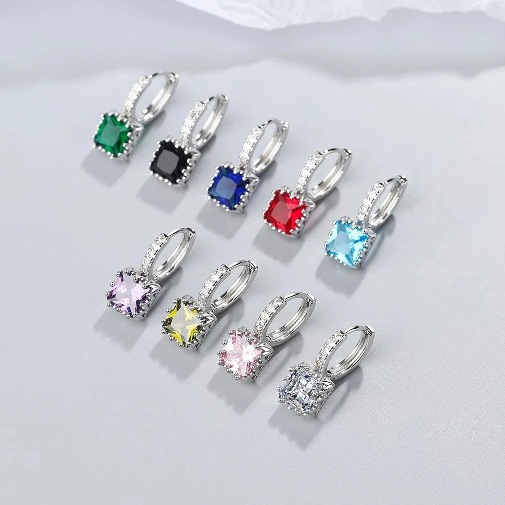 Earrings for Women Girls 925 Silver Needle Princess Crystal Square Zircon Drop Trendy Jewelry Gifts