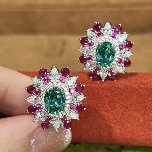 Earring Studs for Women 925 Silver Vintage Lab Emerald Moissanite Dazzling Design