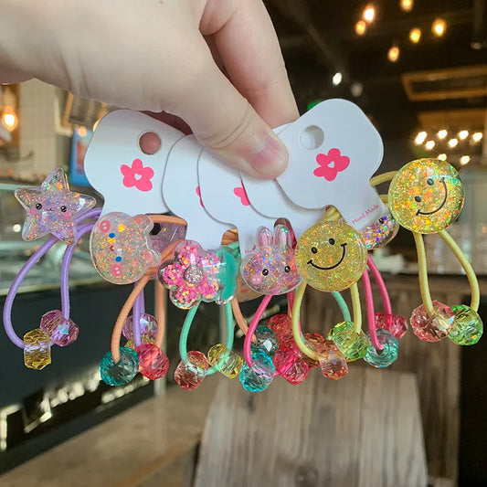 Hair Rubber Bands Girls 2pcs/set Kids Cartoon Rabbit Elastic Glitter Flowers Girls Hair Accessories