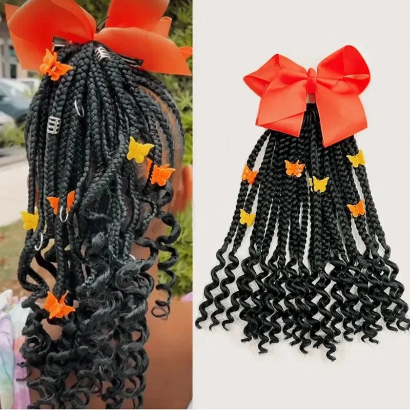 Kids Braided Ponytail with Beads and Bow with Curly End for Black Girl Hair Accessories