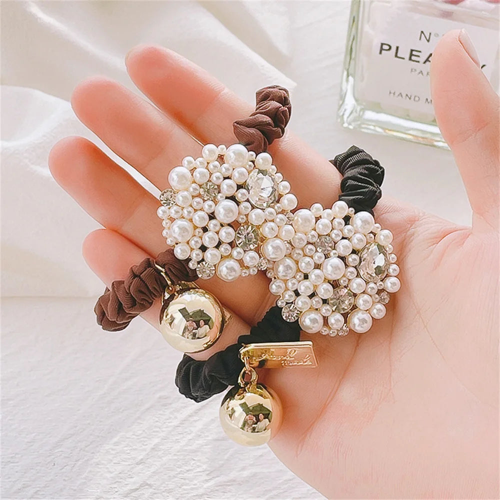 Hair Bands For Women Girls Elegant Style Crystal Pearl High Elastic Ponytail Holders Hair Accessories