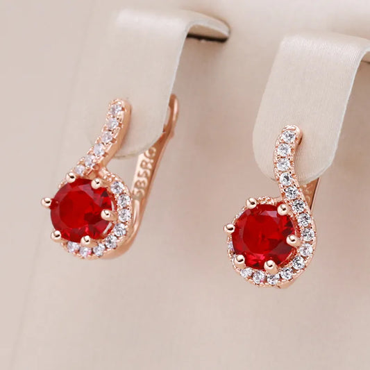 Earrings for Women Trendy Studs 585 Rose Gold Color English  Round Red Natural Zircon Accessories Bride Wedding Jewelry Gift