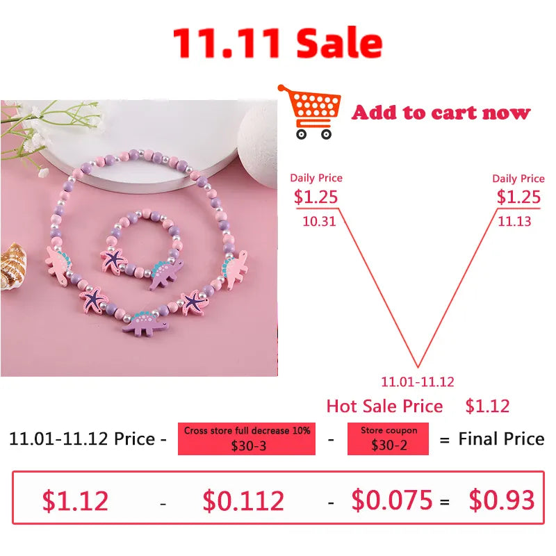 Necklace Bracelet Sets For Girls Children 2pcs Cute Cartoon Pattern Charm Natural Wooden Beads Birthday Gift Jewelry Sets